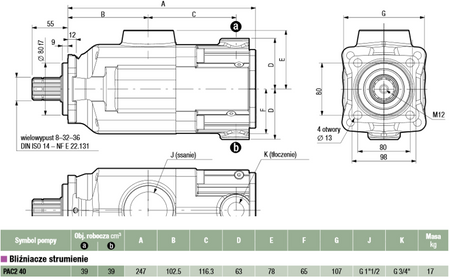 Pompa hydrauliczna tłoczkowa dwustrumieniowa Hydro Leduc (obj. geometryczna: 39+39cm³, prędkość obrotowa: 1300min-1 /obr/min) 01539128