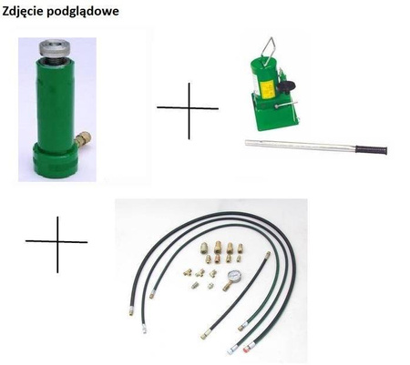 Siłownik hydrauliczny (w stanie złożonym: 200 mm, skok tłoka: 130 mm, udźwig: 20T) + do wyboru: pompa hydrauliczna, przewód wysokociśnieniowy, szybkozłącze 1/4’’, manometr 62781607