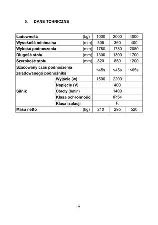 Stacjonarny stół podnośny (udźwig: 2000 kg, wymiary platformy: 1300x850 mm, wysokość podnoszenia min/max: 360-1780 mm) 3109777