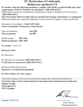 Stół podnośny elektryczny (wymiary platformy: 1000x1600mm, udźwig: 1000 kg, wysokość podnoszenia min/max: 205-990 mm) 3109770