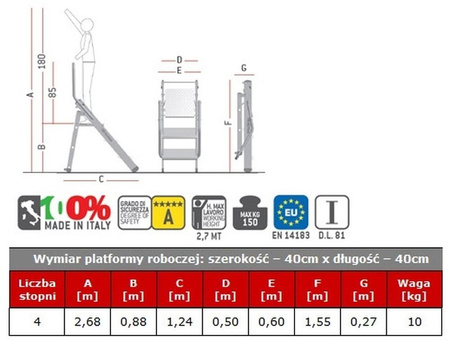 Drabina magazynowa FARAONE 4 stopniowa (wysokość robocza: 2,68m) 99675082