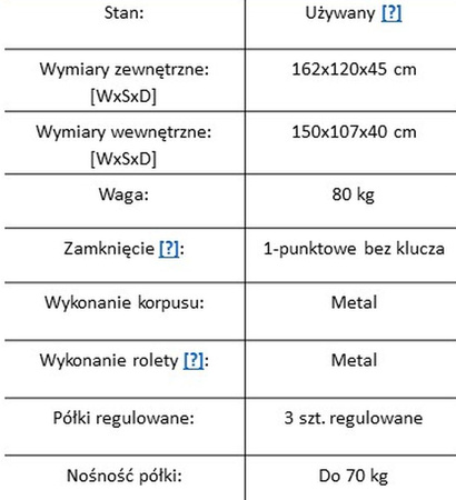 Szafa roletowa metalowa 3 półki - model używany (wymiary: 162x120x45 cm) 17682675