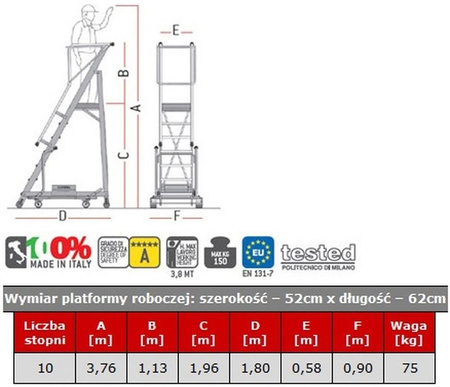 Drabina magazynowa 10 stopniowa FARAONE (wysokość robocza: 3,96m) 99675068