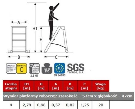 Drabina magazynowa FARAONE 4 stopniowa (wysokość robocza: 2,78m, wymiary platformy: 57x47 cm) 99675088