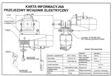 Elektryczna wyciągarka linowa z elektrycznym wózkiem jezdnym, tor jezdny: 180, 200, 220 (udźwig: 450 kg, wysokość podnoszenia: 9m) 28881686