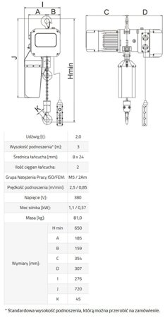 IMPROWEGLE Wyciągarka łańcuchowa elektryczny ELW 2 + wózek z silnikiem elektrycznym EWE 2 (udźwig: 2 T, wysokość podnoszenia: 3 m, zakres: 74-124 mm) 33966226