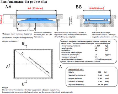 Podnośnik, podest nożycowy (udźwig: 500 kg, wymiary platformy: 2500x1800mm, wysokość podnoszenia min/max: 500-3500 mm, moc: 2,3kW) 01860647