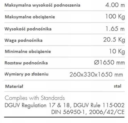 Podnośnik towarowy z wciągarką z automatycznym hamulcem (maks. wysokość podnoszenia: 4 m, maks. udźwig: 100 kg) 27481886