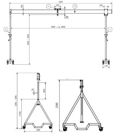 Suwnica aluminiowa na kołach z wciągnikiem elektrycznym (udźwig suwnicy wraz z wciągnikiem: 450 kg, belka długość: 6217mm, wysokość robocza: 2000-3000 mm, długość liny nośnej wciągnika: 4,6m) 99982422