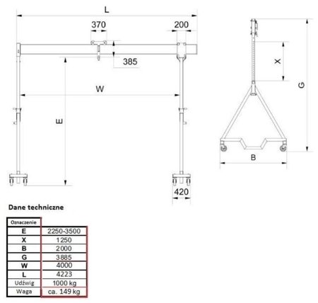 Suwnica bramowa aluminiowa z kołami + specjalne zblocze i wyciągarka ręczna (udźwig suwnicy/wyciągarki: 1000/1000 kg, szerokość: 4,23m, wysokość: 3,885m, wys. dla pracy wyciągarki: 2,23-3,50 m) 99968046