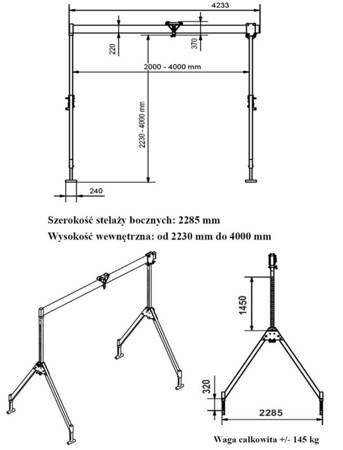 Suwnica składana, stacjonarna, składana, wraz z wózkiem towarowym bez wyciągarki (udźwig: 1500 kg, Wysokość robocza:  2,18 – 4,00 m, Długość belki: 4,217 m (długość nominalna 5m) 99979738