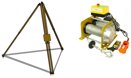 Trójnóg z płytą do mocowania wyciągarki elektrycznej linowej (udźwig: 1000 kg, wyciągarka 500kg bez zblocza, wysokość: 1866-3183 mm) + do wyboru: wyciągarka Tretos Military 33981695