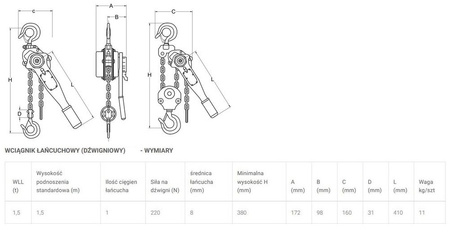 Wyciągarka łańcuchowa dźwigniowa (udźwig: 1,5 T, wysokość podnoszenia: 6m) 22081912