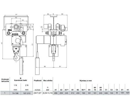 Wyciągarka łańcuchowa elektryczna na wózku jezdnym elektrycznym (udźwig: 1500 kg, prędkość podn.: 13,2/3,12 m/min, wysokość podnoszenia: 160 m) 03077983