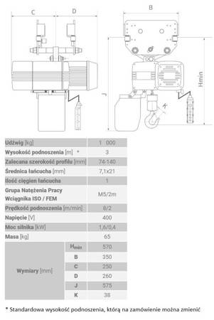 Wyciągarka łańcuchowa z wózkiem pchanym (udźwig: 1000 kg, wysokość podnoszenia: 3 m) 33979850