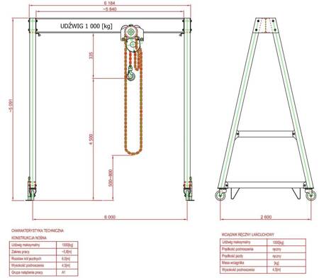 Wyciągarka na konstrukcji nośnej-przestawnej z wyciągarką ręczną łańcuchiwą (udźwig: 1 T, rozstaw kół jezdnych: 6 m, wysokość podnoszenia: 4,5 m) 95882801