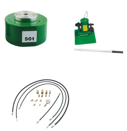 Zestaw: siłownik hydrauliczny, pompa hydrauliczna dwustopniowa, przewód wysokociśnieniowy, szybkozłącze 1/4 ’’ między siłownikiem a przewodem, manometr (w stanie złożonym:122 mm, skok tłoków: 46 mm, udźwig: 50 T) 62781557