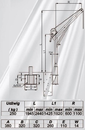 Żuraw z kieszeniem do posadowienia i wciągarką ręczną z liną AISI316 12m (udźwig: 250 kg, wysokość podnoszenia: 1945-2440 mm) 53372539