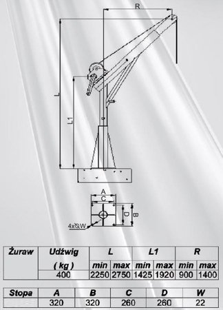 Żuraw ze stopą i wciągarką ręczną z liną 12m - ocynk (udźwig: 400 kg, wysokość podnoszenia: 2250-2750 mm) 53376761